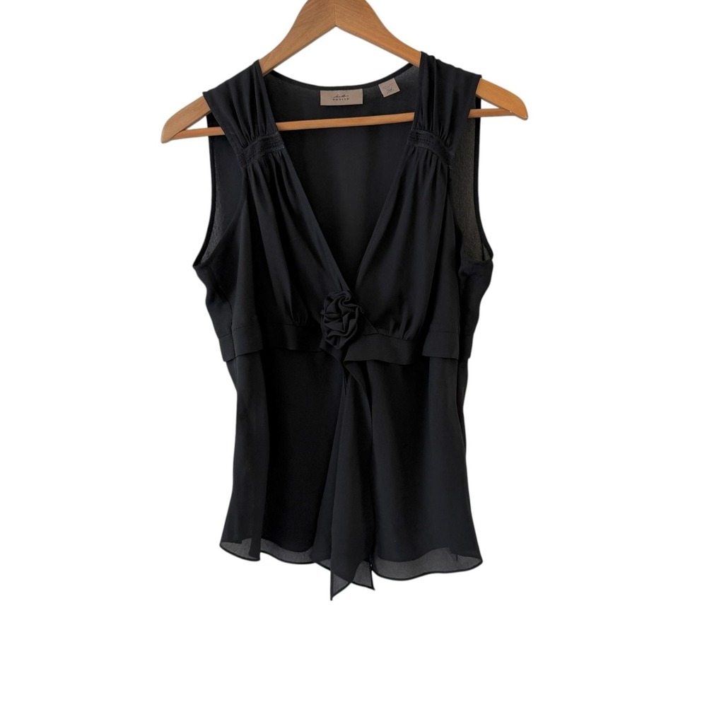 Womens Silk Sleeveless Top 14P Black V Neck Rosette Sheer Capsule Formal Career